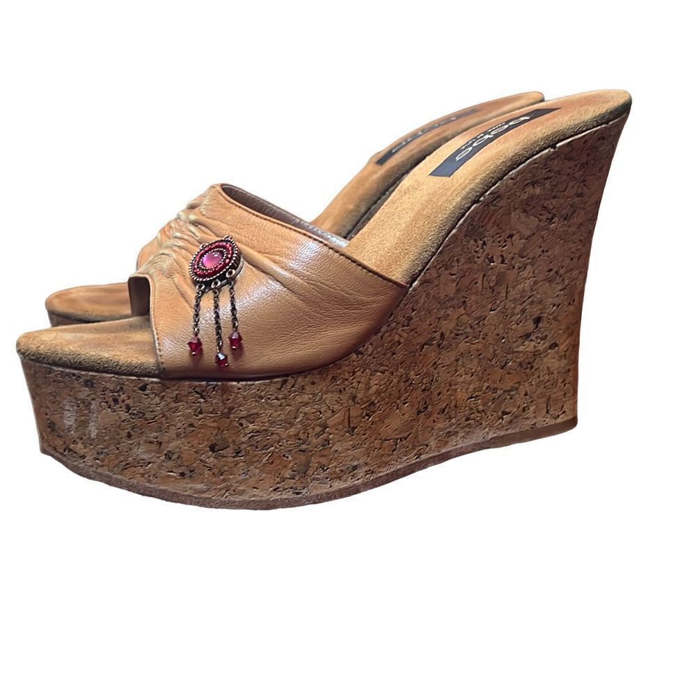 Bebe Platform Wedges Cork Tan Leather | size 6